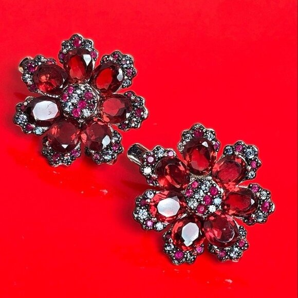 925 Sterling Silver flower Earrings with Natural Garnet, Sapphire, Ruby Gemstone - Picture 7 of 9